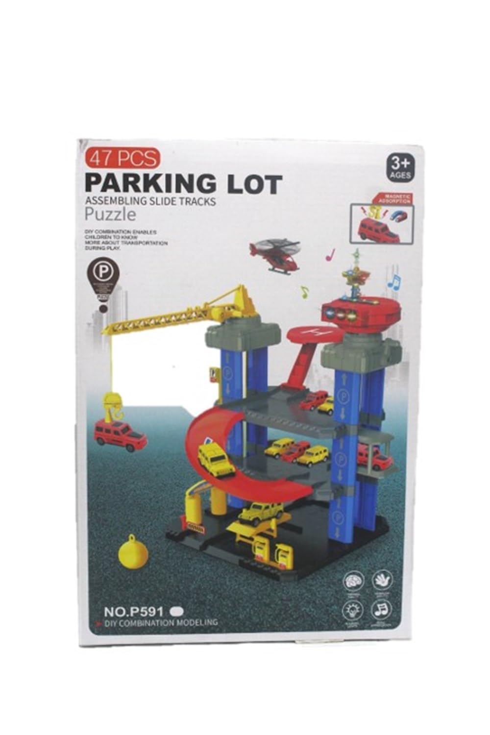 Kridaraa 47 PCS Parking Lot Toy Set with Lights & Music | DIY Multi-Level Car Parking Garage | Includes Crane, Helicopter & Cars | Educational Assembly Toy for Kids 3+ Years-picture-17