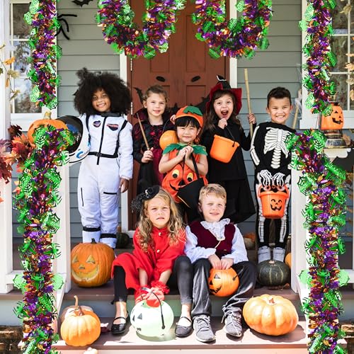 Image of 50 FT Halloween Tinsel Garland, Glitter Tinsel Garlands with Purple Green Spider and Web, Metallic Holiday Hanging Streamers for Halloween Party Supplies Indoor Outdoor Decor