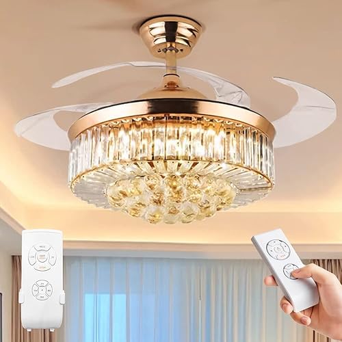 Ventilador de techo de cristal de 42 pulgadas con control remoto de luz, moderno ventilador dorado de 3 cambios de color, cuchillas retráctiles,