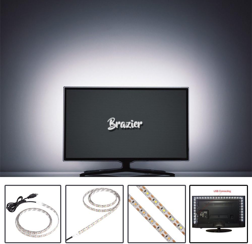 USB LED Backlight Kit for TV and Computer Monitor | BRAZIER 50cm Vivid White Backlighting Strip | Bias Lighting for Home Cinema and Office PC Gaming