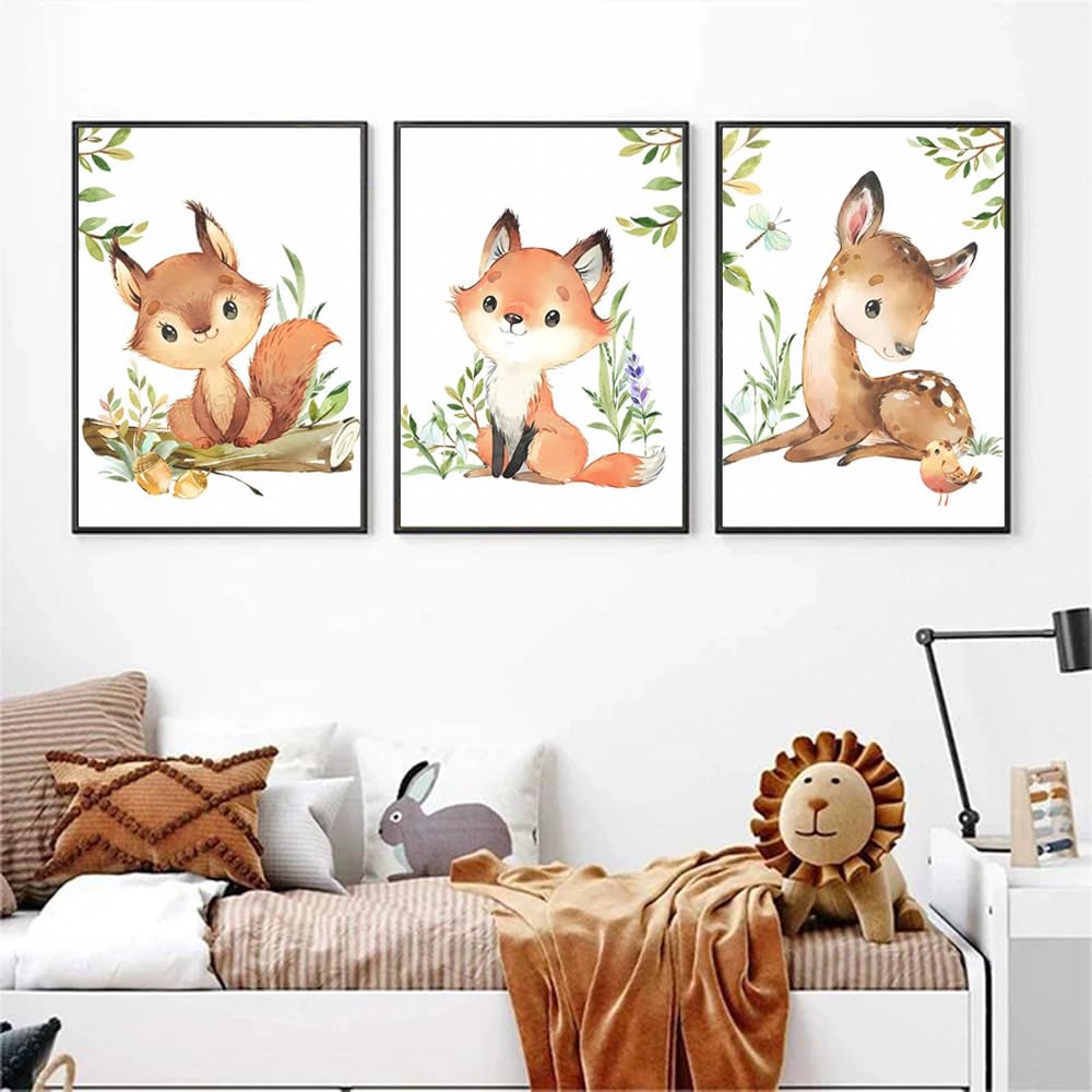 3 Affiche Animaux de la Jungle Poster Bébé Garcon Renard Ecureuil Cerf Beige Brun Tableau Decoration Murale Enfant 30X40CM Toile Animaux de la Foret Deco Chambre Bebe Fille Cadeau sans Cadre