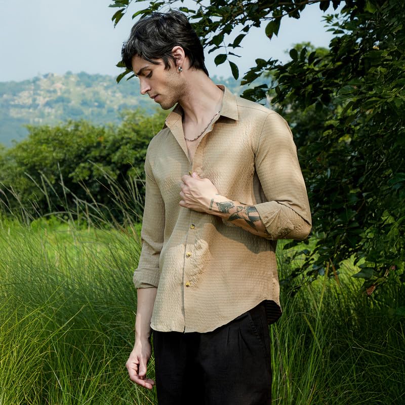 Image of CAHOOT Men's Olive Shirt Casual Wear | Shawl Collar | Long Sleeve | Button Closure | Shirt Crafted with Comfort Fit for Everyday Wear