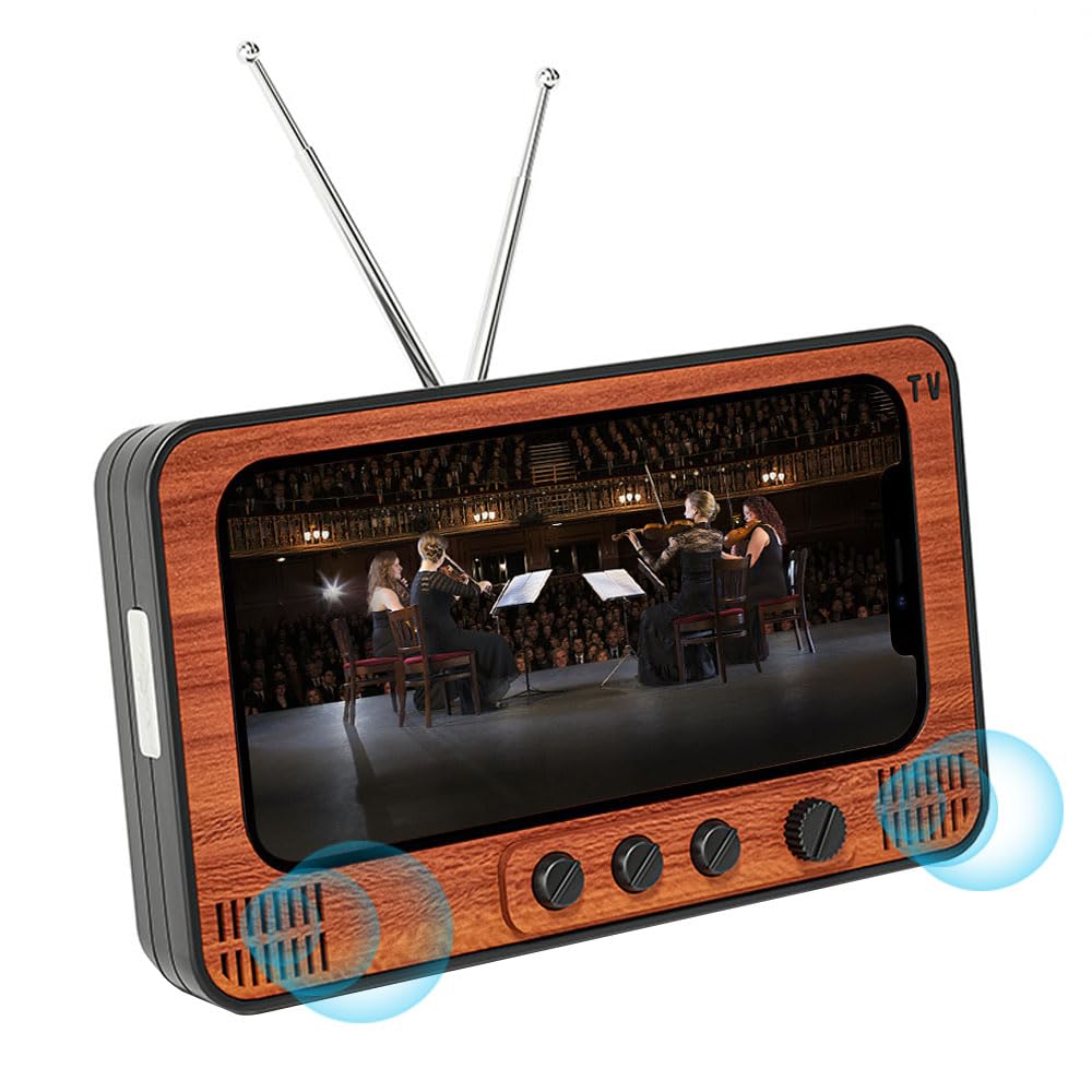 JINSERTA Retro Phone Stand, TV Shaped Cell Phone Stand, Phone Stand with HD Surround Sound Bluetooth Speaker for 4''-6.6'' Cellphones (A)