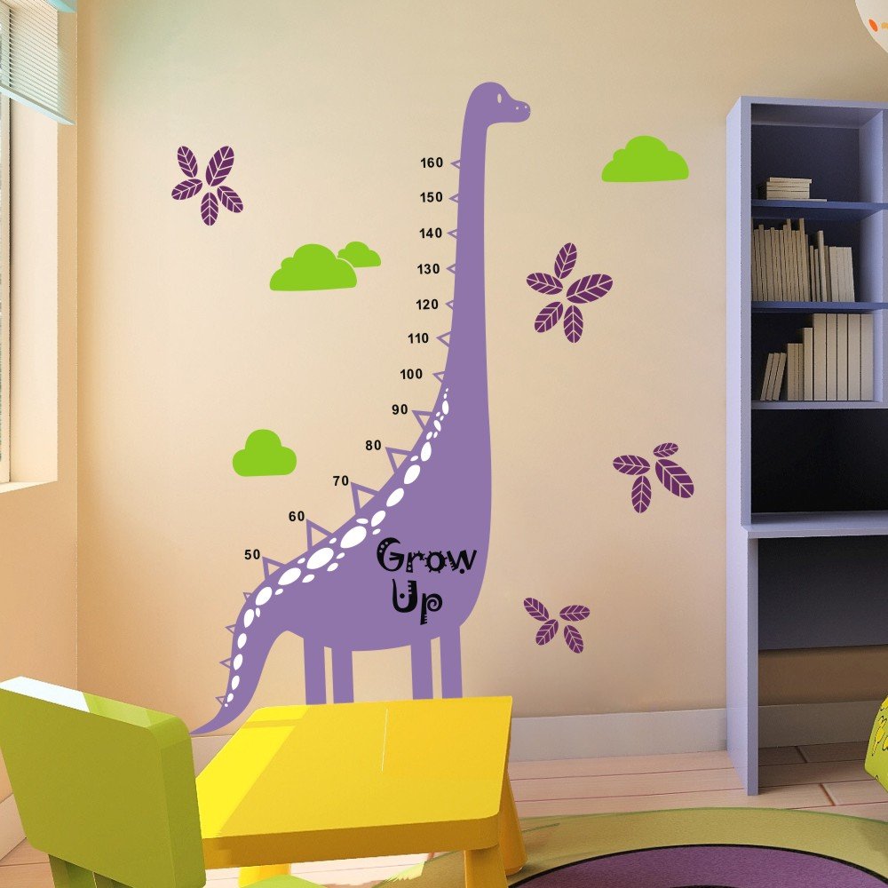 Vinyl Height Growth Chart Decal Height Chart Wall Stciker Growth Chart Wall Decor Wall Graphic Wall Mural Kid Room Decor 3(dinosaur:Hydrangea Purple;stripe,toes:White;words,numbers:Black;leaves:Violet;clouds:Lime-tree Green)