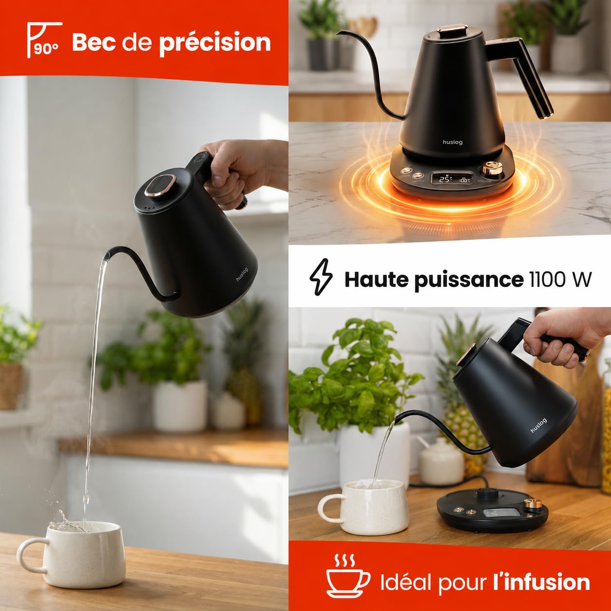 Bouilloire Électrique Col de Cygne 1 L, 1100 W, Température Réglable 40–100 °C, Écran LCD, Maintien au Chaud, Bec Précis, Inox, pour Café et Thé