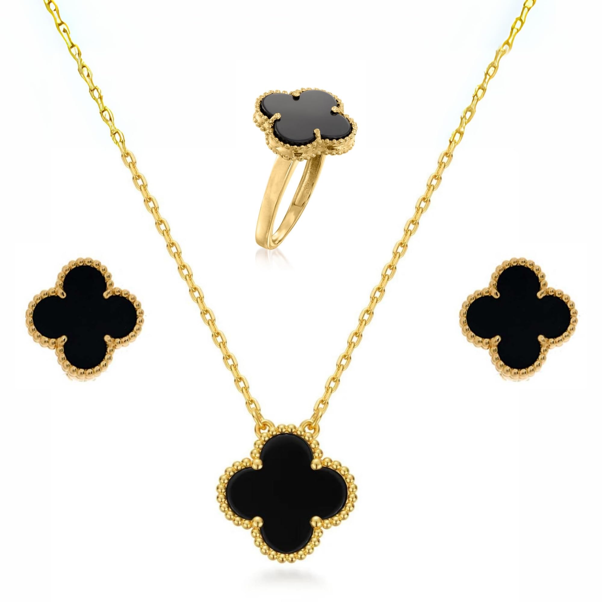 Salve Van Cleef Inspired Black Clover Adjustable Ring Gold Chain and Earrings Set for Women, Fancy Jewellery Set for Girls Accessories | Stainless Steel Jewellery Set for Women, Necklace Set for Women (B0D7HMRFCD) Amazon Price History, Amazon Price Tracker