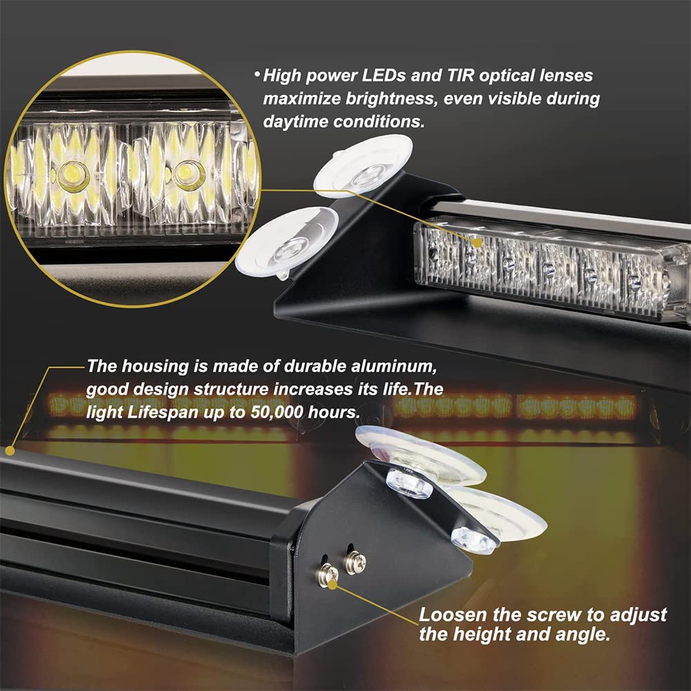 Riloer Barra de luces estroboscópicas de emergencia Dash 2 en 1 con 24 LED de alta intensidad y lentes ópticas Tir compatible con ámbar/blanco universal