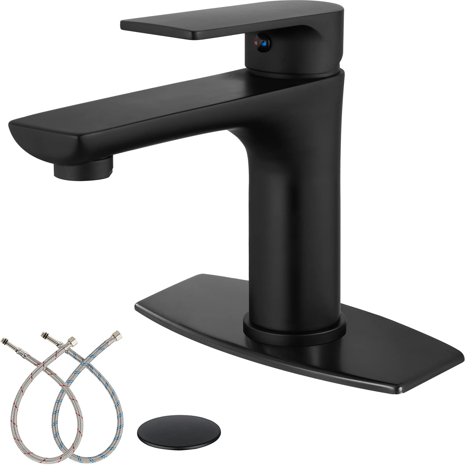 Midanya Matte Black Bathroom Sink Faucet Single Handle Single Hole Vanity Basin Hot & Cold Mixer Tap with Cover and Plate Pop Up Drain Commercial Modern Wash Basin Faucet Deck Simple Installation