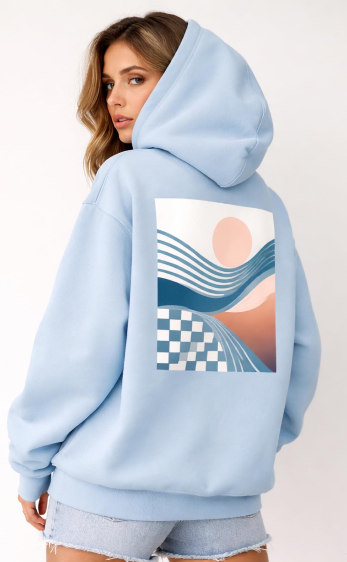 Fancyd Damska bluza oversize błękitna bluza z kapturem estetyczna odzież uliczna sweter na co dzień luźny krój modna bluza