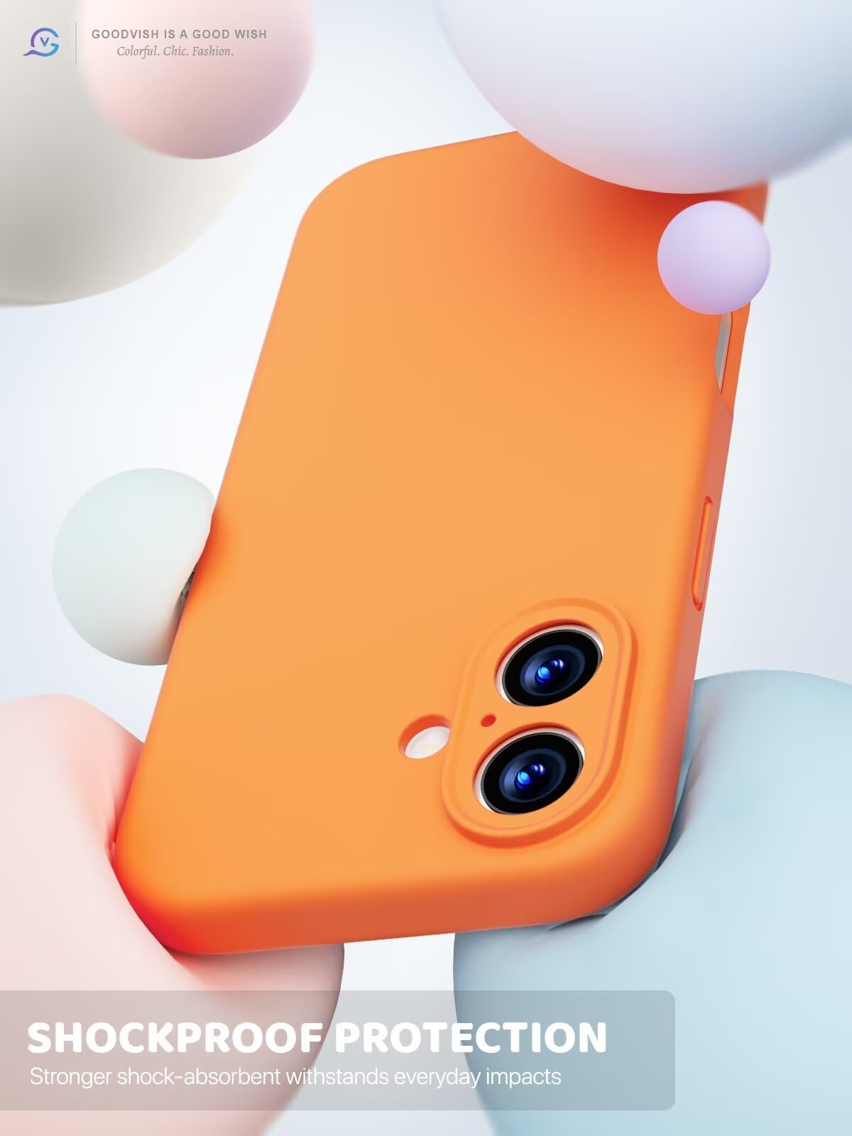 GOODVISH 3 in 1 Silicone Cover per iPhone 16 6.1", Custodia con 2 Pellicola Vetro Temperato [Protezione Fotocamera] 360° Protezione Anticaduta Case per Cellulare Antiurto Resistente, Arancia