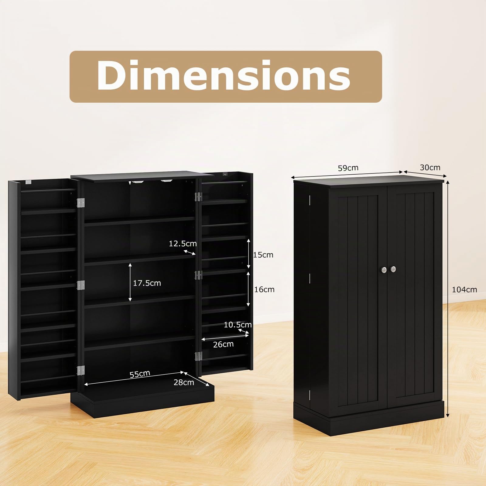 GIANTEX Buffet de Cuisine avec 2 Portes, Armoire de Rangement avec 17 Étagères et Etagères Réglables, Dispositif Anti-Basculement 59 x 30,5 x 103 cm, pour Cuisine, Entrée, Salon, Noir