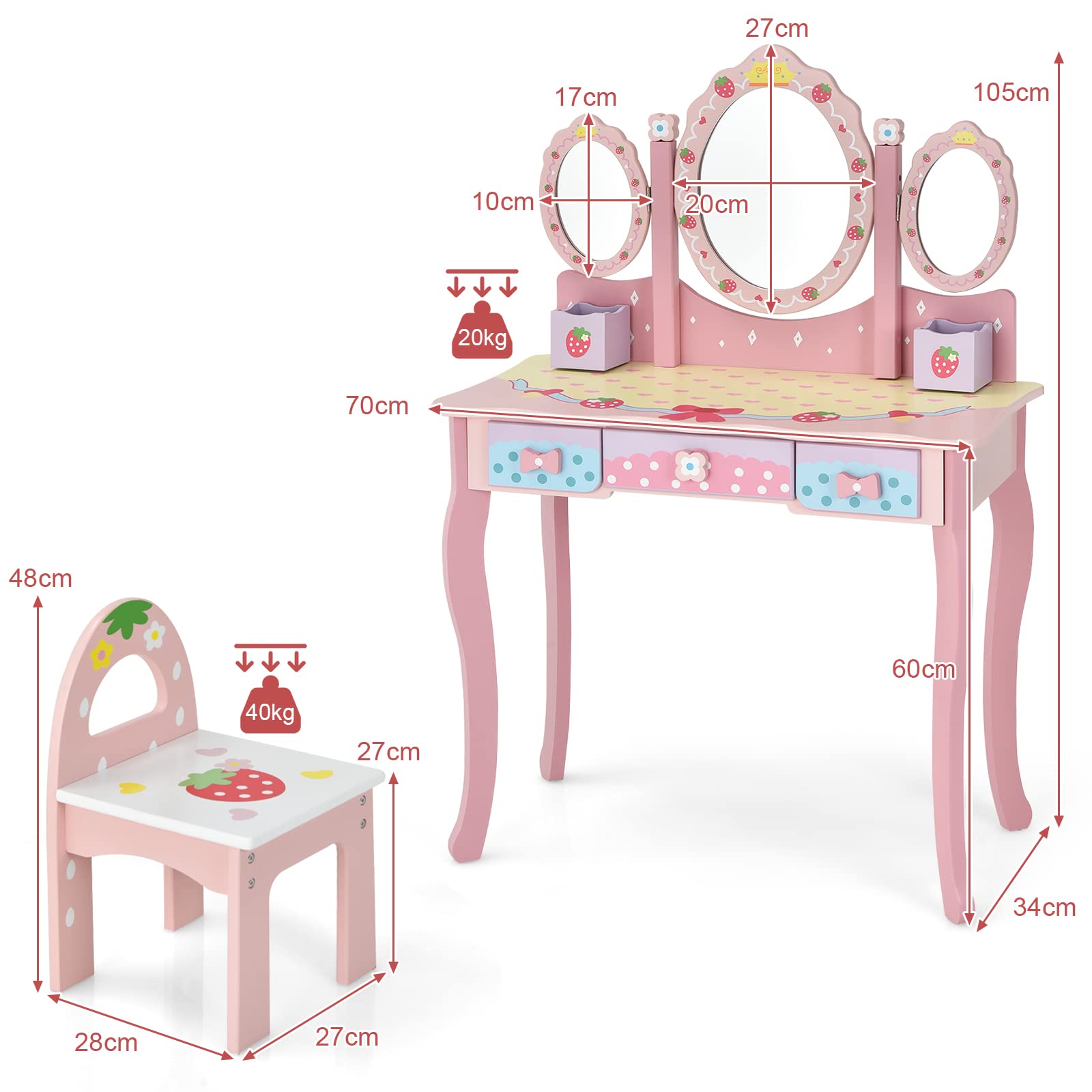COSTWAY Tocador con Espejo Tripartido para Niños, Mesa de Maquillaje 3 Cajones 2 Cajas Taburete (Rosa)