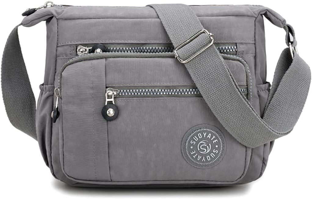 Crossbody Bags for Women, Multi-Pocket Lightweight Shoulder Bag Waterproof Nylon Casual Messenger Travel Bag Handbag (Gray)