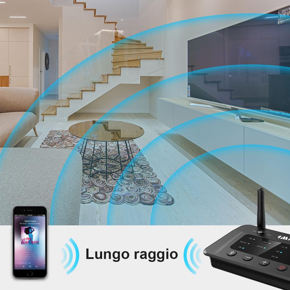 1Mii B03 Trasmettitore Bluetooth 5.3 per TV, Ricevitore Adattatore Audio HiFi aptX Bassa Latenza 3.5mm AUX/Ottico, Dual Link per 2 Cuffie BT, Soundbar, Impianto Stereo Lungo Raggio
