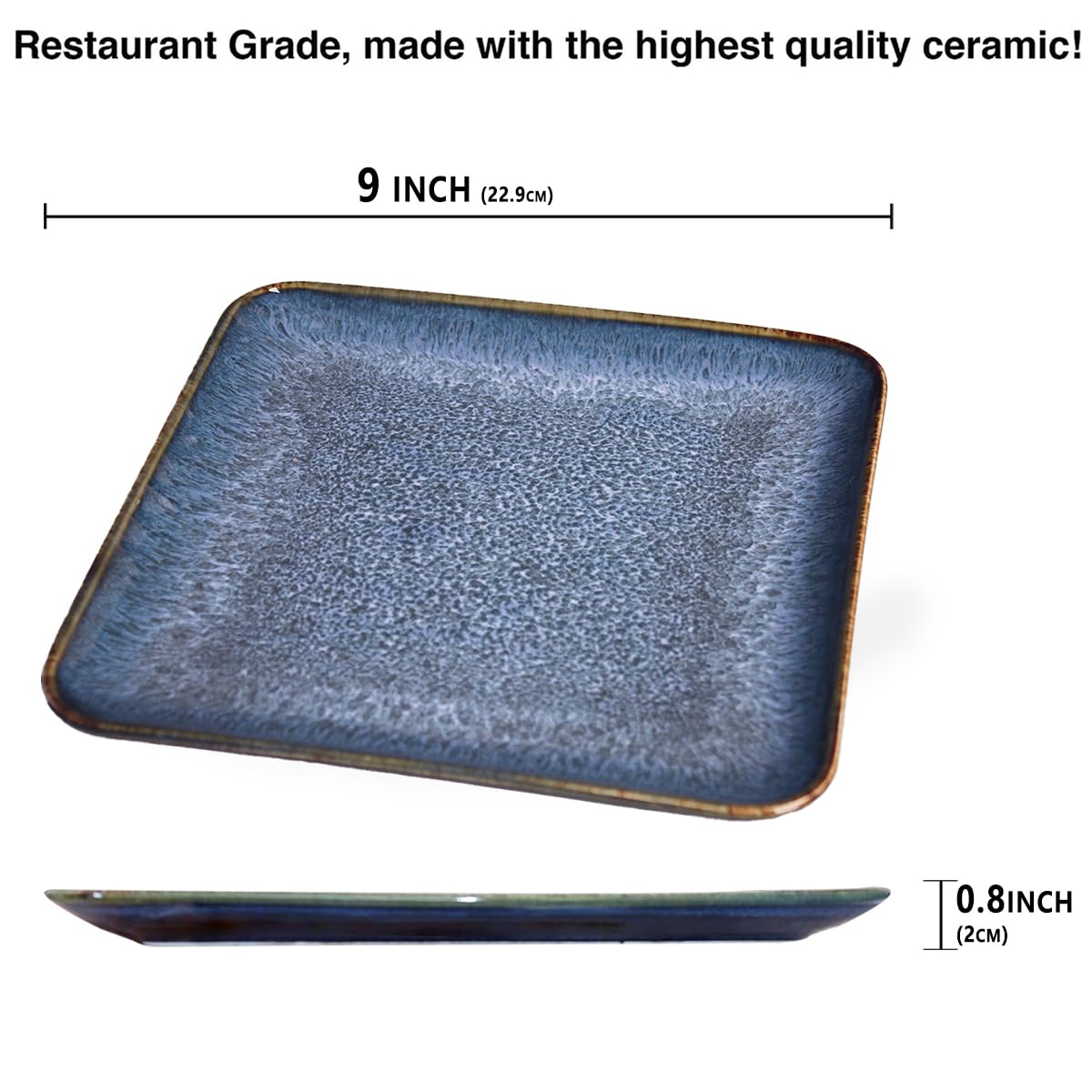 Lot de 4 assiettes à dîner en céramique - Passe au four à micro-ondes et au lave-vaisselle - Résistantes aux rayures - Assiettes carrées de 22,9 cm - Bleu