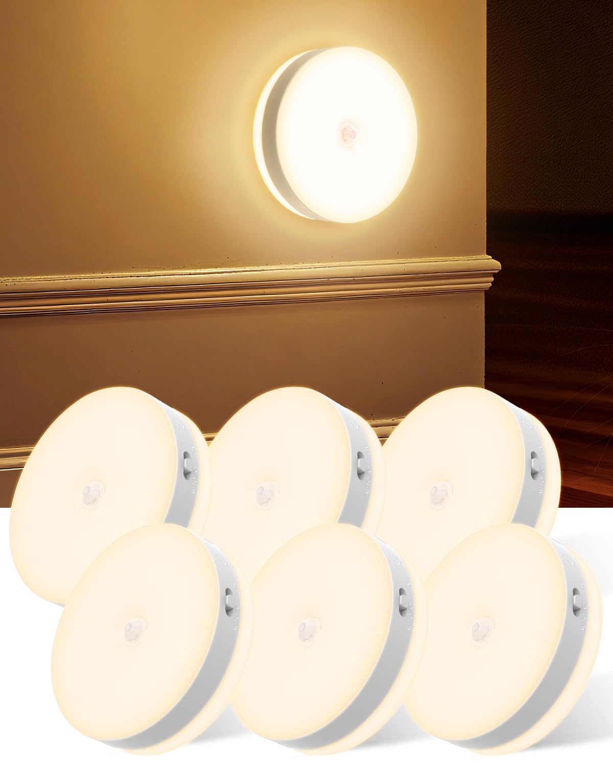 Motion Sensor Lights Indoor 6 Pack, Dual-Sided Warm Light USB Rechargeable Magnetic Night Lights, 3 Modes Motion Activated Wall Lights for Kitchen Cabinet Closet Stairway Hallway [Energy Class F]