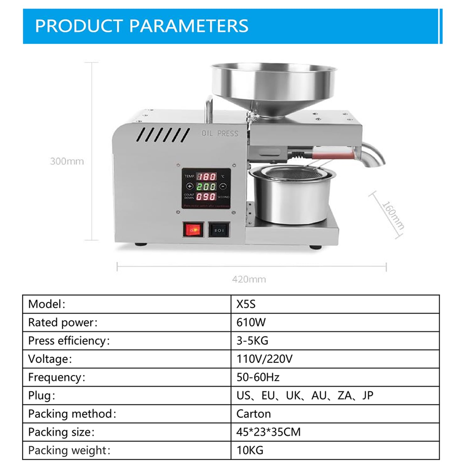 Qiang Prensa De Aceite Eléctrica De Semillas Extractor De Aceite Automático De Acero Inoxidable Maquina Extraer Aceite 610w Extractor De Aceitunas,para Casa Cocina Comercial,220V
