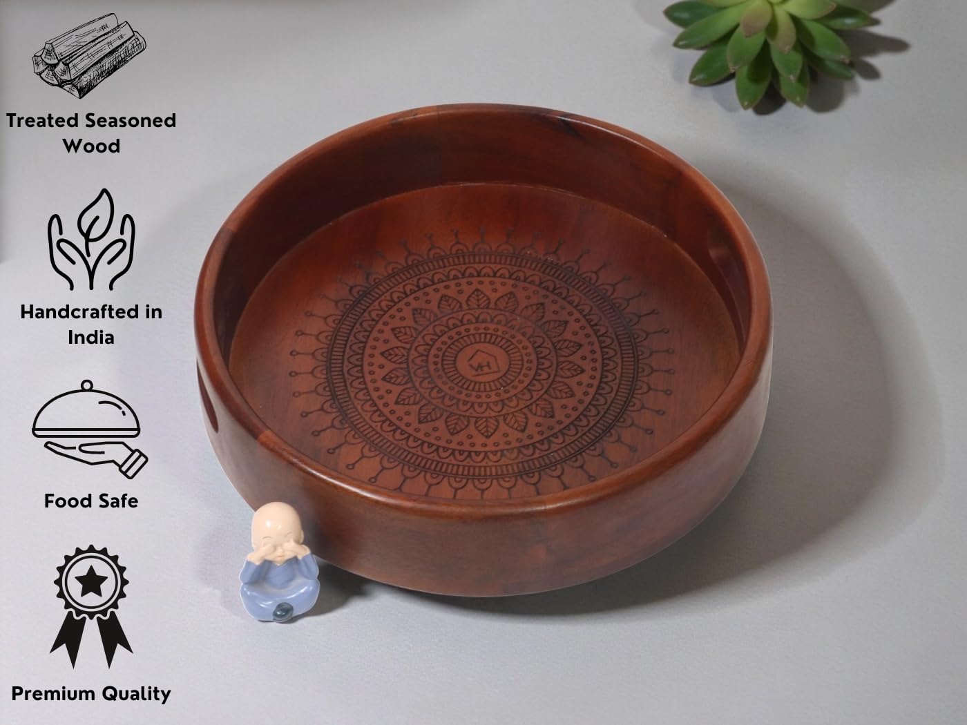 Vesta Homes Wysokiej jakości drewniana okrągła taca do serwowania do domu, kuchni, restauracji, organizer biurowy, stół do jadalni wysokiej jakości drewniane tace 30,5 x 30,5 x 5 cm ręcznie wykonane w