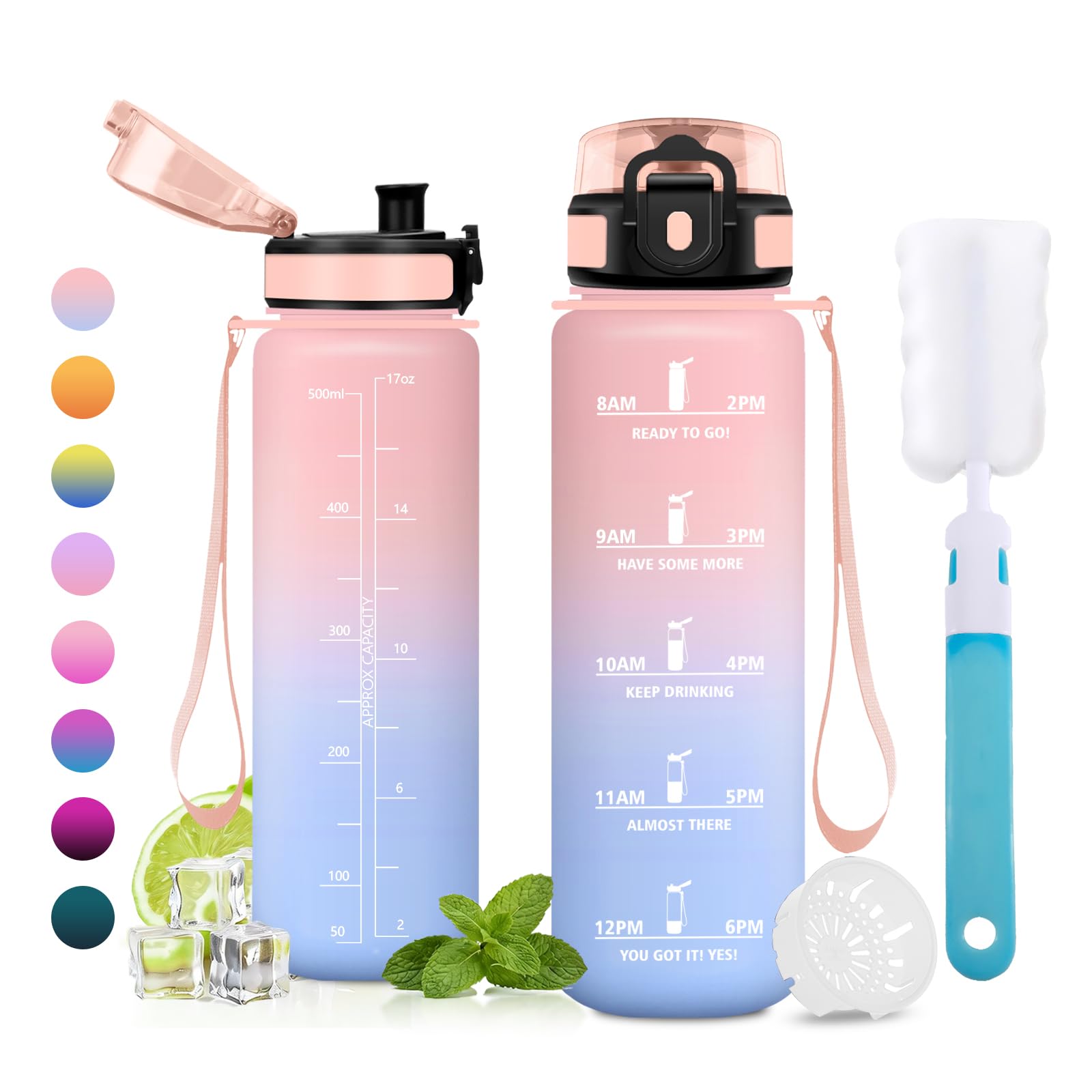 JAPORIA 500ml Water Bottle, Time Markers Water Bottle, Water Bottles with Filter, BPA Free Bottle for School, Office