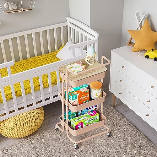 Image of DTK 3 Tier Rolling Utility Cart with Cover Top Board, Movable Kitchen Storage Cart Trolley with Lockable Wheels, Cups, Hooks for Kitchen Bathroom Home Office Art Craft Storage and Organization(Pink)