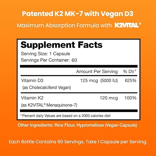 Miniatura 7 de D3 con suplemento K2 MK7 para la salud del corazón y los huesos  Complejo de vitamina D y K  5000 UI de vitamina D 3 y 100 mcg de vitamina K 2 MK-7