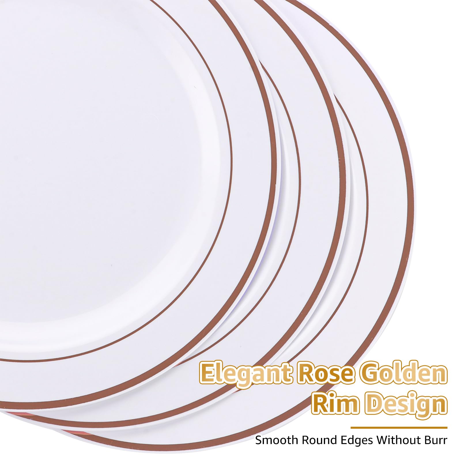 Lot de 40 Assiettes Blanches Réutilisables de 26 cm - Assiettes de Fête en Plastique Avec Bord Doré Rose