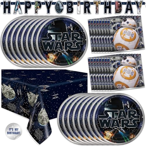 Star Wars Birthday Decorations | Serves 16 | Banner Tablecloth Plates Napkins Sticker | Star Wars Party Decorations