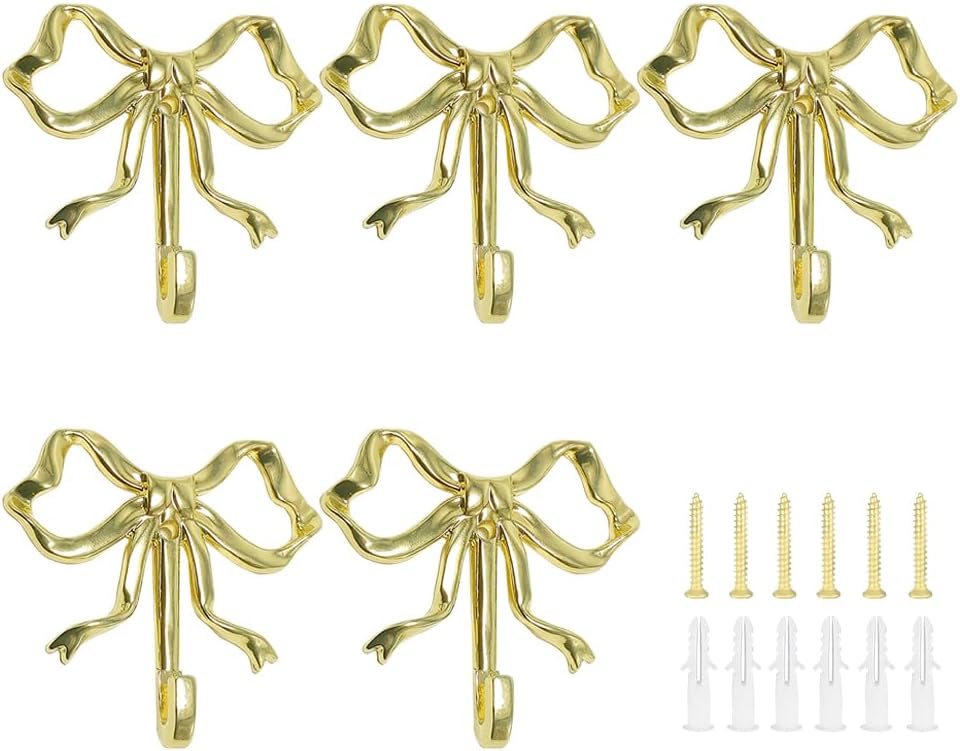 5 Pcs Gold Bow Wall Hooks, Elegant Zinc Alloy Decorative Hooks for Towel Coat Hat, Cute Bow Decor Hanger for Bathroom Living Room Kitchen Dorm Room Decor (Silver)