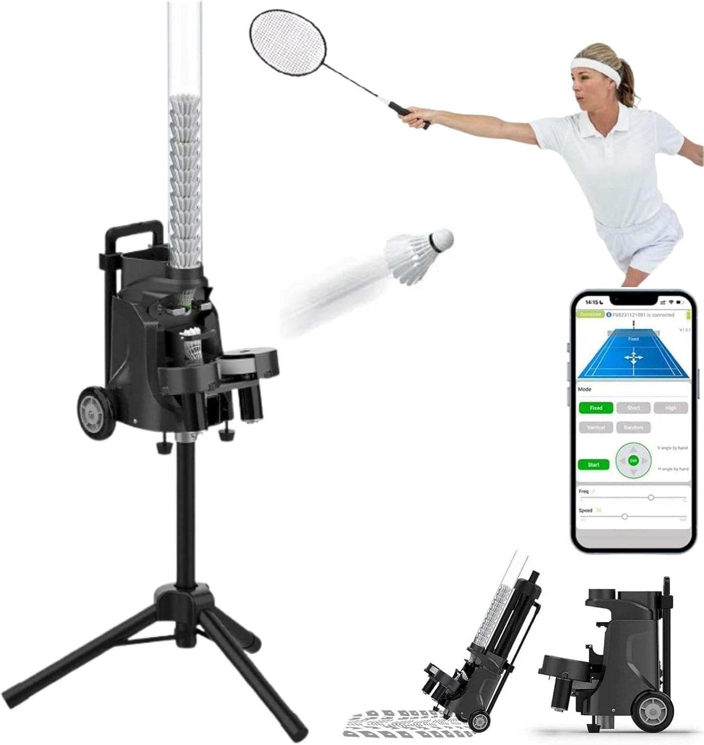 Automatic Shuttlecock Feeder with Adjustable Serve Frequency and Tripod Stand for Solo Badminton Training and Competition Practice
