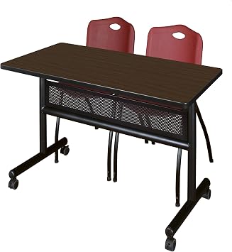Regency Kobe 48 x 24 in. Flip-Top Privacy Nesting Table- Neo Walnut, 2 M Stack Chairs- Burgundy