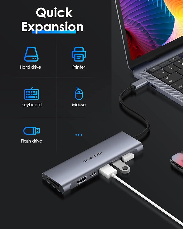 LENTION USB C Hub 4K HDMI Adapter - USB 3.0, SD/TF Kártyaolvasó, 100W Töltés - MacBook Pro/Air, Surface, Chromebook Kompatibilis Thunderbolt