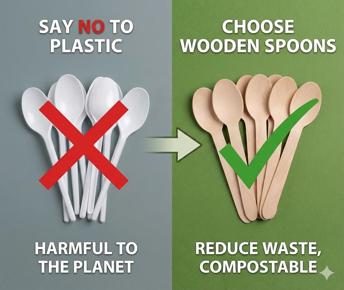 KHAANA PACKAGING 110mm Wooden Disposable Spoons | Eco-Friendly Biodegradable Cutlery for Party, Birthday, Picnic, Wedding, Catering, BBQ | Pack of 300 3