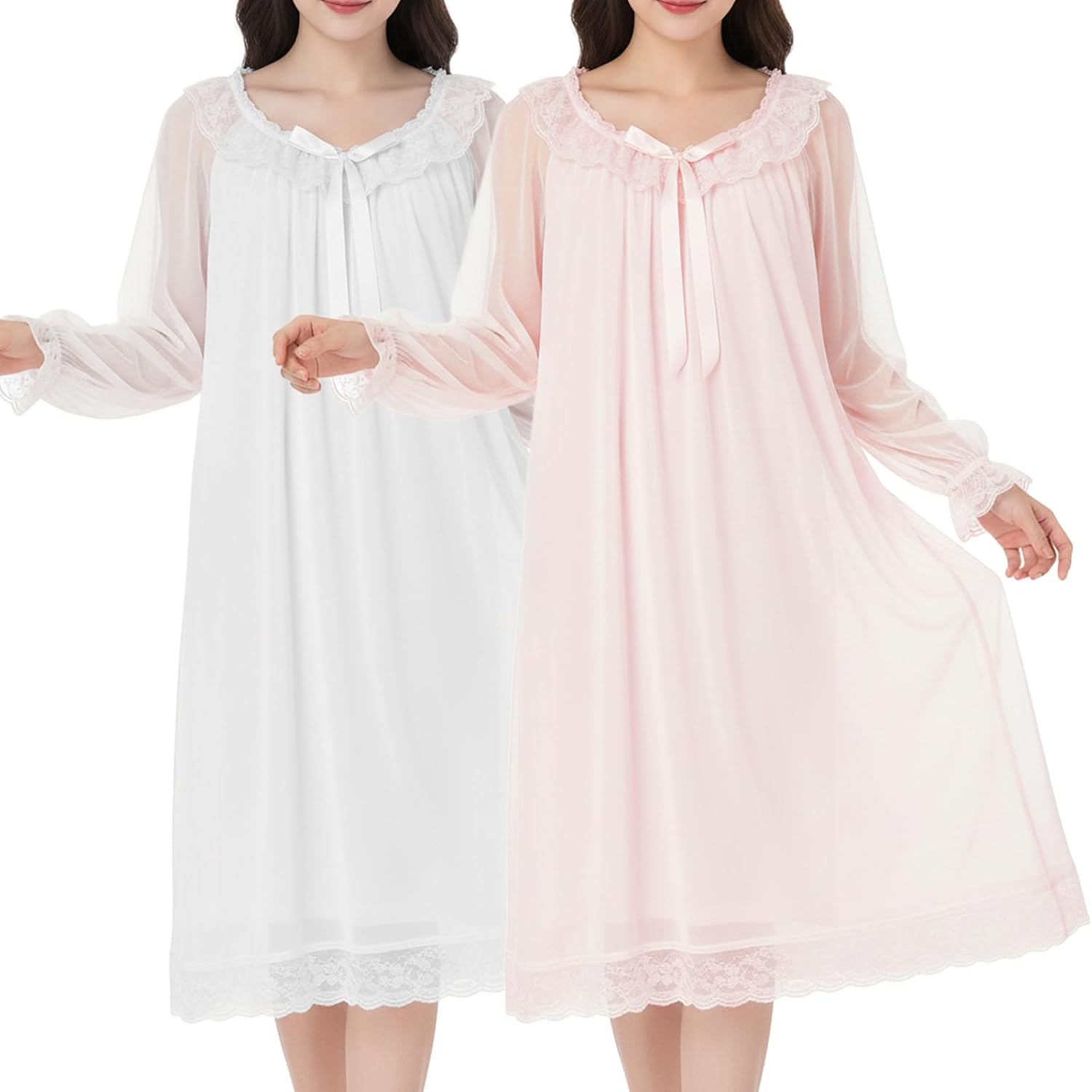 2 Pcs Women's Vintage Victorian Lace Nightgown Long Sleeve Romantic Princess Sleepwear Sleep Lounge Dress White, Pink
