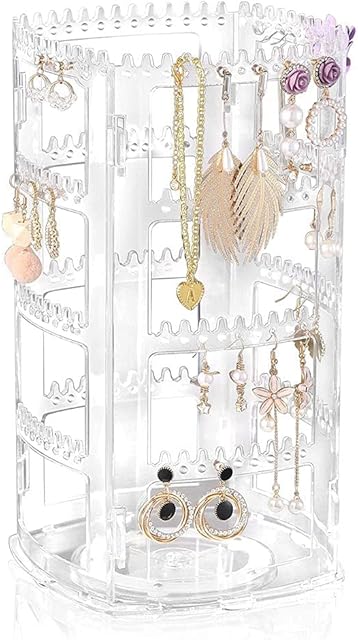 Rotating Jewellery Organiser Jewellery Stand Acrylic 360°Rotating Display Earring Holder 4 Tiers Jewellery Rack Display Classic Stand 160 Holes and 168 Grooves for Necklaces Earrings Piercings Clear