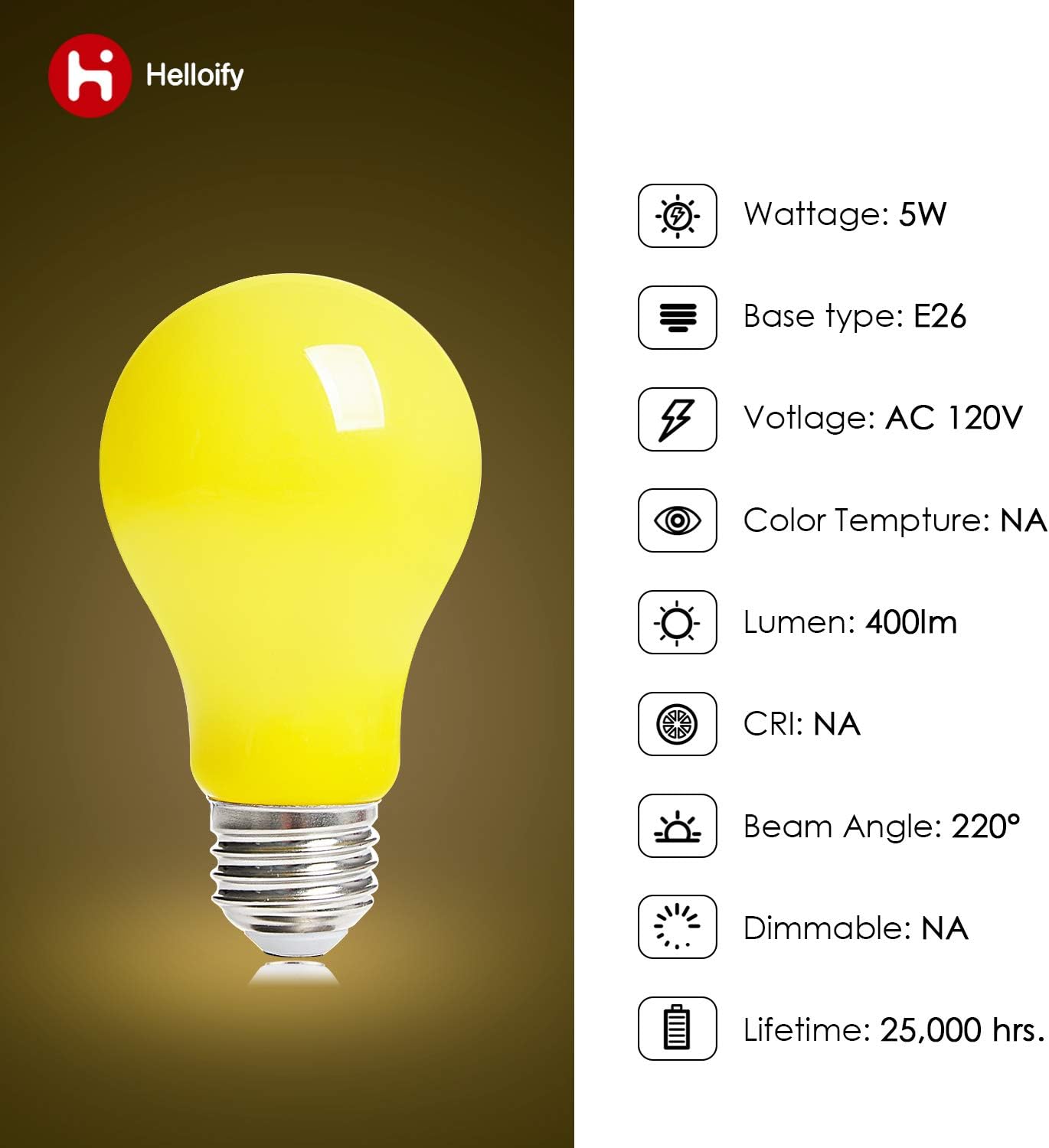 Helloify LED Bug Light Bulb, Vintage Edison Yellow Bulbs, Outdoor Porch Lights, High Brightness Filament Lamp for Pendant Wall Light Fixtures in Home Restaurant Hotel, Amber, A19 5W, E26, 2 Pack