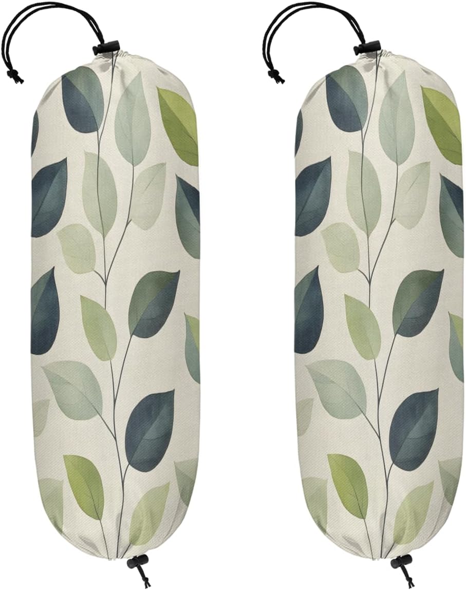 Eucalyptus Leaf 2 Pcs Plastic Bag Holder, Washable Shopping Bags Carrier Reusable Grocery Bags Organizer for Home Kitchen Pantry Decor, Sage Green