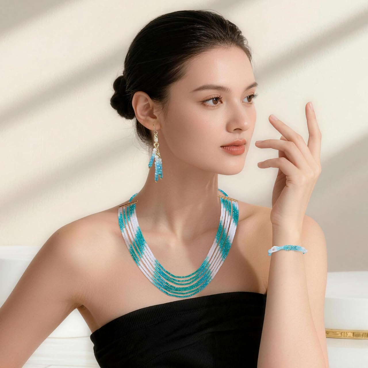 3 Pack Colour Crystal Jewelry Set for Women,Adjustable Beaded Necklace Bracelet Dangle Earrings Sets Hypoallergenic Sparkly Gemstone Jewelry for Wedding Bridesmaid Prom Party - Image 4