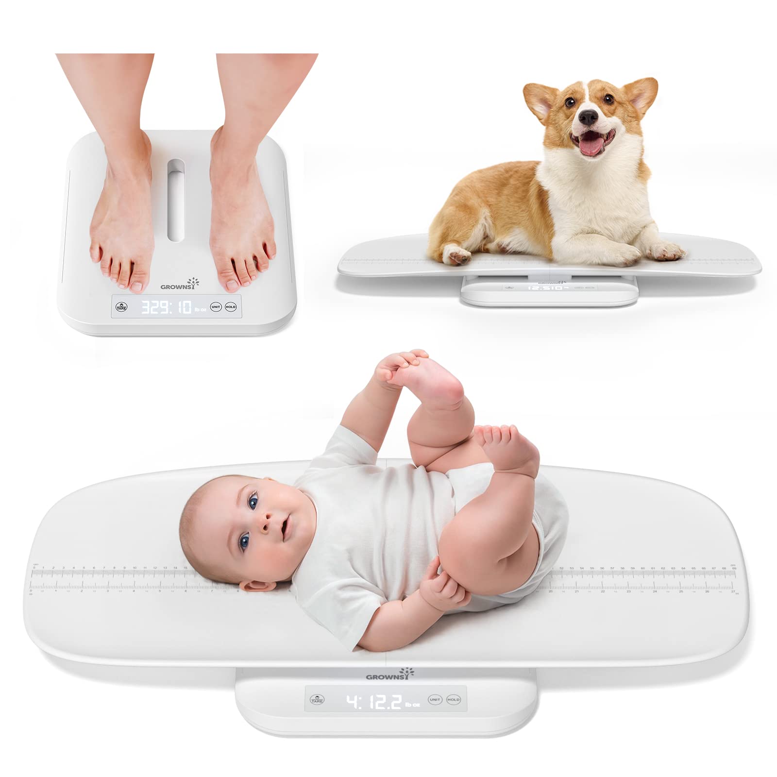 GROWNSYÂ BabyÂ Scale,Â MultifunctionalÂ BabyÂ WeightÂ Scale,Â PetÂ ScaleÂ forÂ Puppy,Â Cat,Â AdultÂ ScaleÂ UpÂ toÂ 330lbs,Â AccurateÂ DigitalÂ ScaleÂ withÂ HoldÂ Function,Â 27-inch HeightÂ Measurement,Â 5Â Units,Â LCDÂ Screen