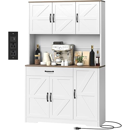 GRUSIGN 71" Pantry Cabinet with Charging Station, Large Capacity Kitchen Hutch Storage Cabinet, Kitchen Cabinet with Microwave Stand, Storage Drawers & Adjustable Shelves for Dining Room, White