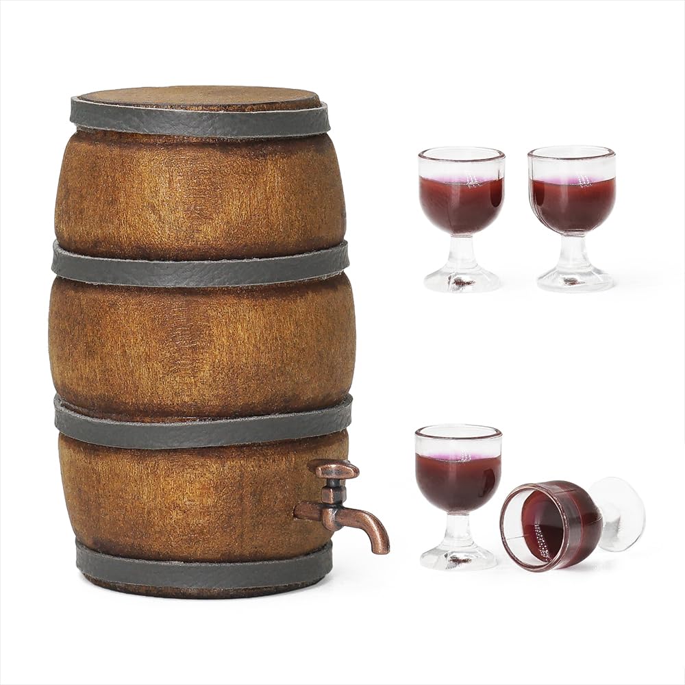 Set De 5 Piezas En Miniatura: Barril De Roble Y 4 Copas De Cerveza, Escala 1/12 Para Casa De Muñecas Y Decoración Vintage