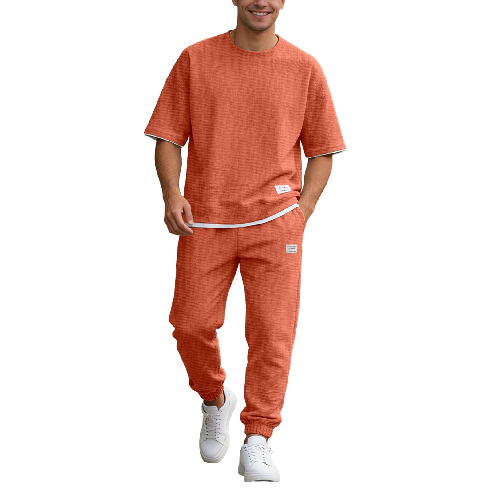 Traje Casual Hombre 2 Piezas Camiseta Oversize de Punto Waffle Pantalones Largos Jogger Cómodos Conjunto de Verano para Hombre Moderno — view 7