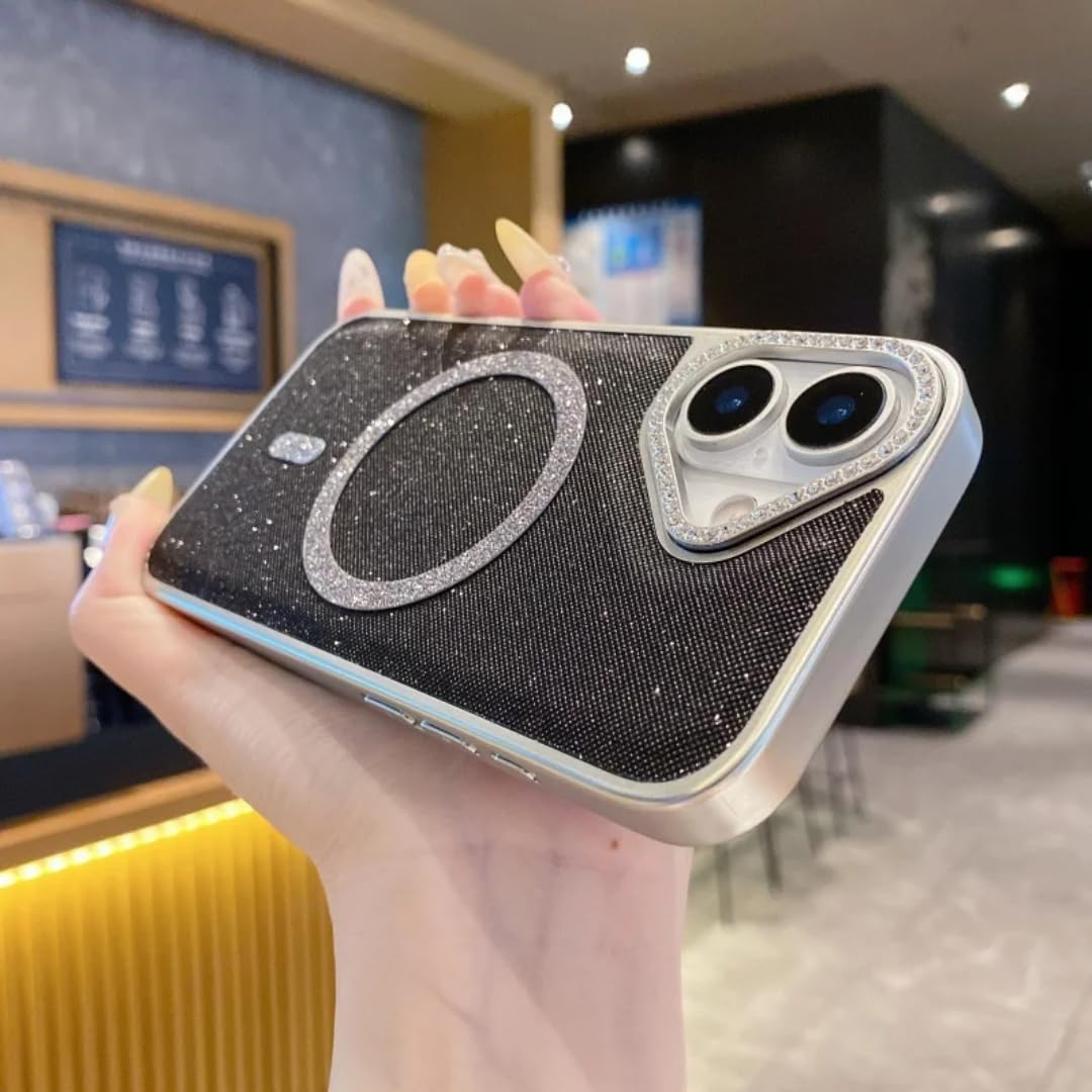 Coque de Luxe iPhone 16 Noir Paillettes Diamants et Charge Magnétique