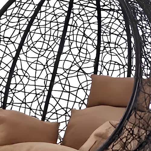 Image of Hindoro Rattan Wicker Wrought Iron Single Seater Swing Chair with Stand & Cushion & Hook Outdoor || Indoor || Balcony || Garden || Patio || Living Outdoor Furniture (Black with Brown, Oval)