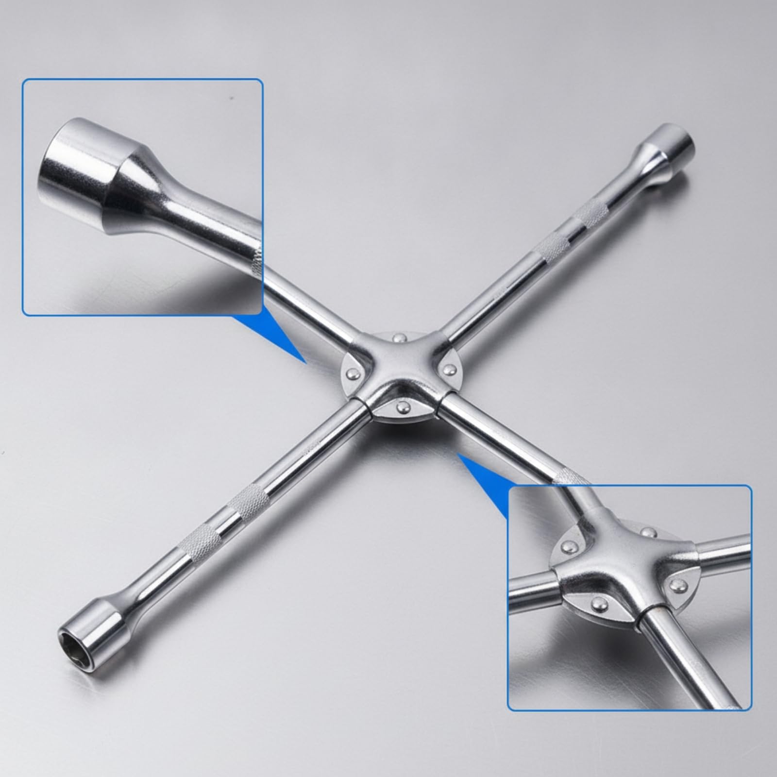 Perfeclan Llave Cruz Neumáticos Llave de Rueda Llave de Tuercas Llave de Cruz Construcción de Acero Cromo Vanadio con Recubrimiento Plateado y Mango Moleteado