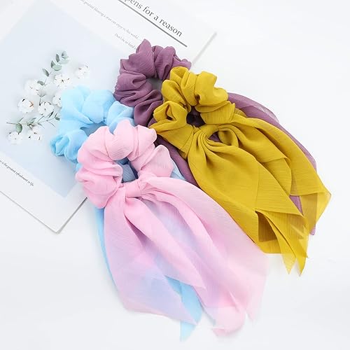 Miniatura 7 de Lawie Paquete de 8 lazos largos de gasa coloridos para el cabello, lazos de seda para niñas, bufandas para cabello grueso, soportes para cola de