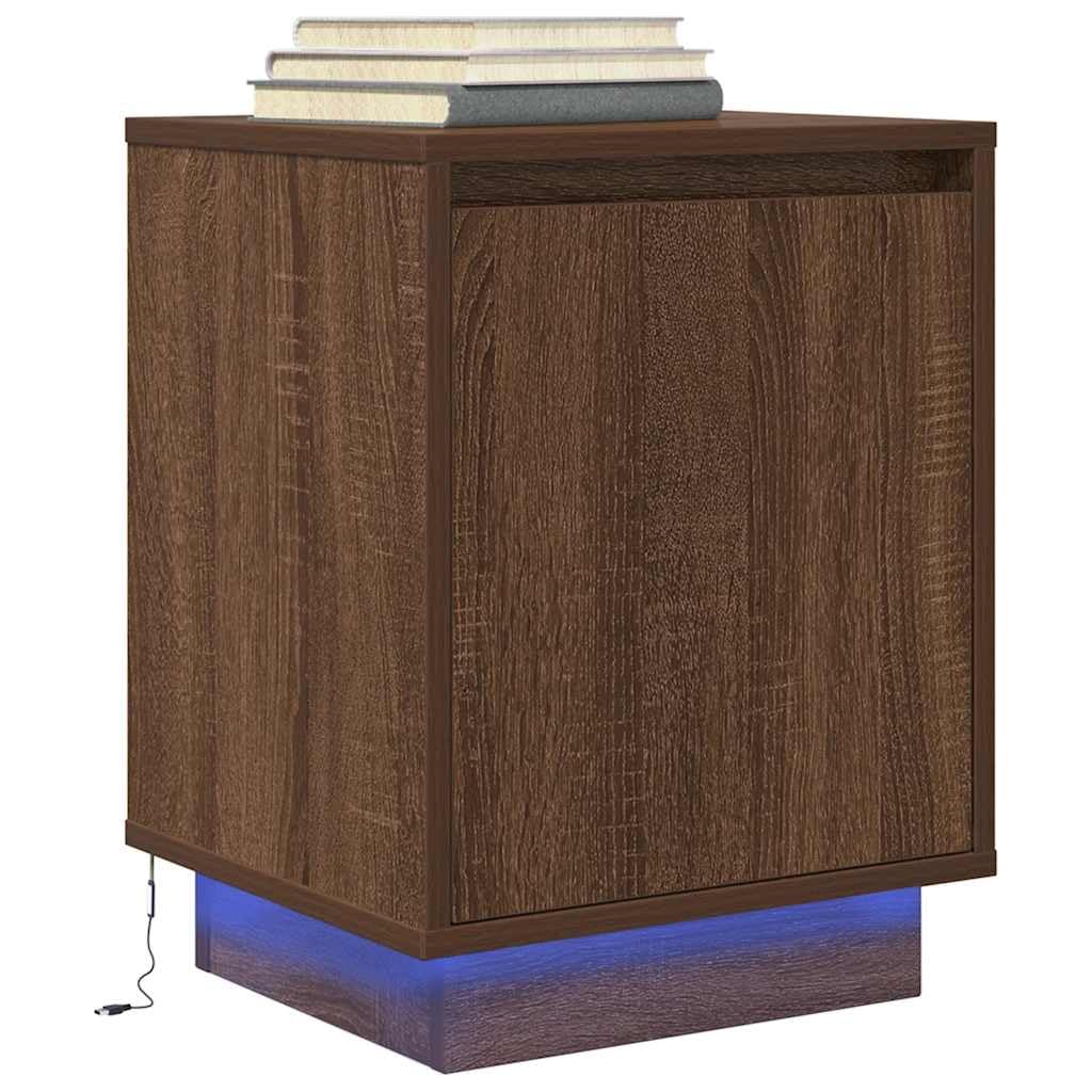 Szafka nocna z oświetleniem LED RGB, brązowy dąb, 38x34x50 cm, z drewnopochodnego materiału odpornego na wilgoć. Posiada dużo miejsca do przechowywania książek i szklanek, solidny
