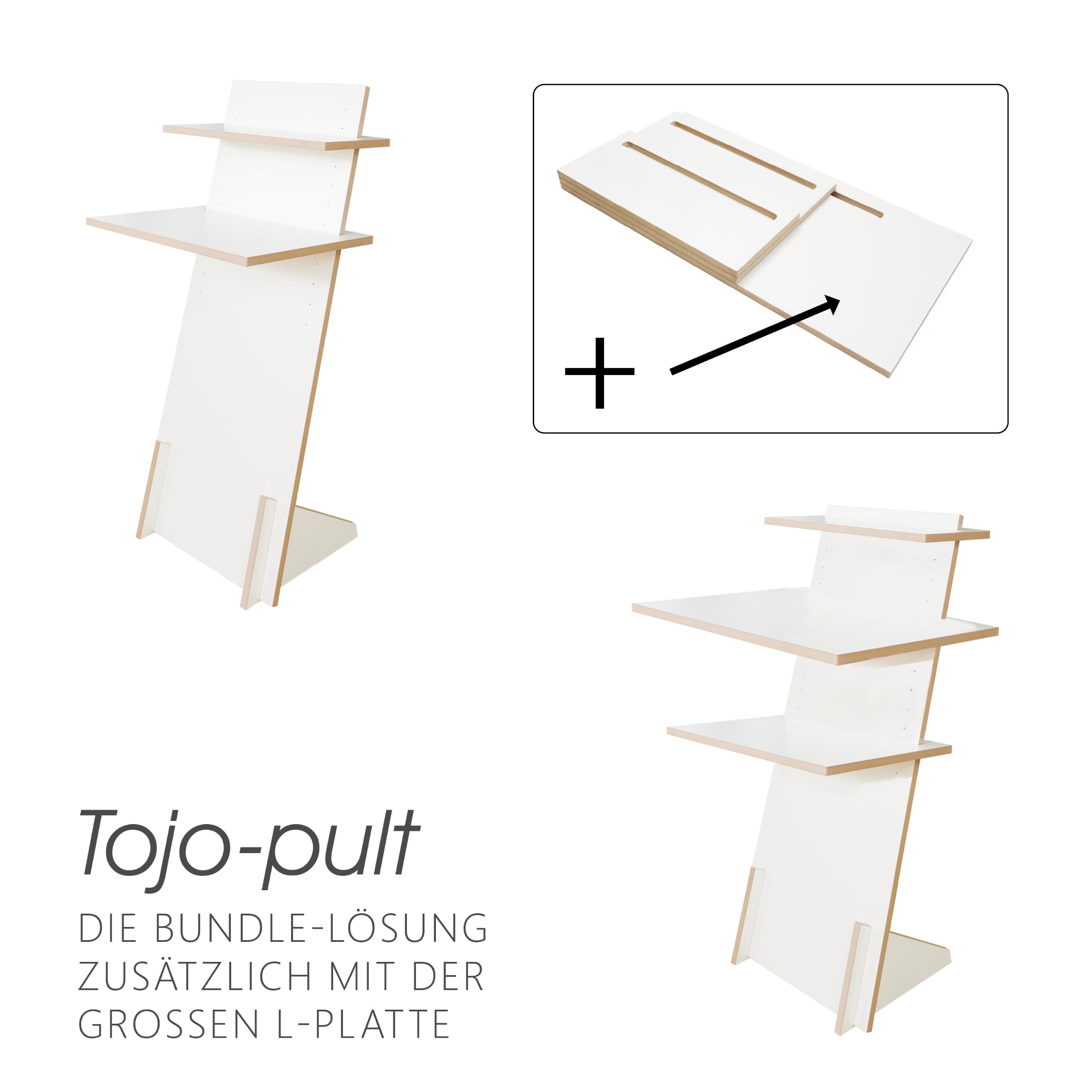 Tojo Pult | Stehpult höhenverstellbar | Auch als Sitzpult geeignet | 120 cm x 50 cm (H x B) | Farbe Weiß | Schreibpult mit verstellbaren Fächern | Holzpult zu Lesen und Schreiben | Design Pult
