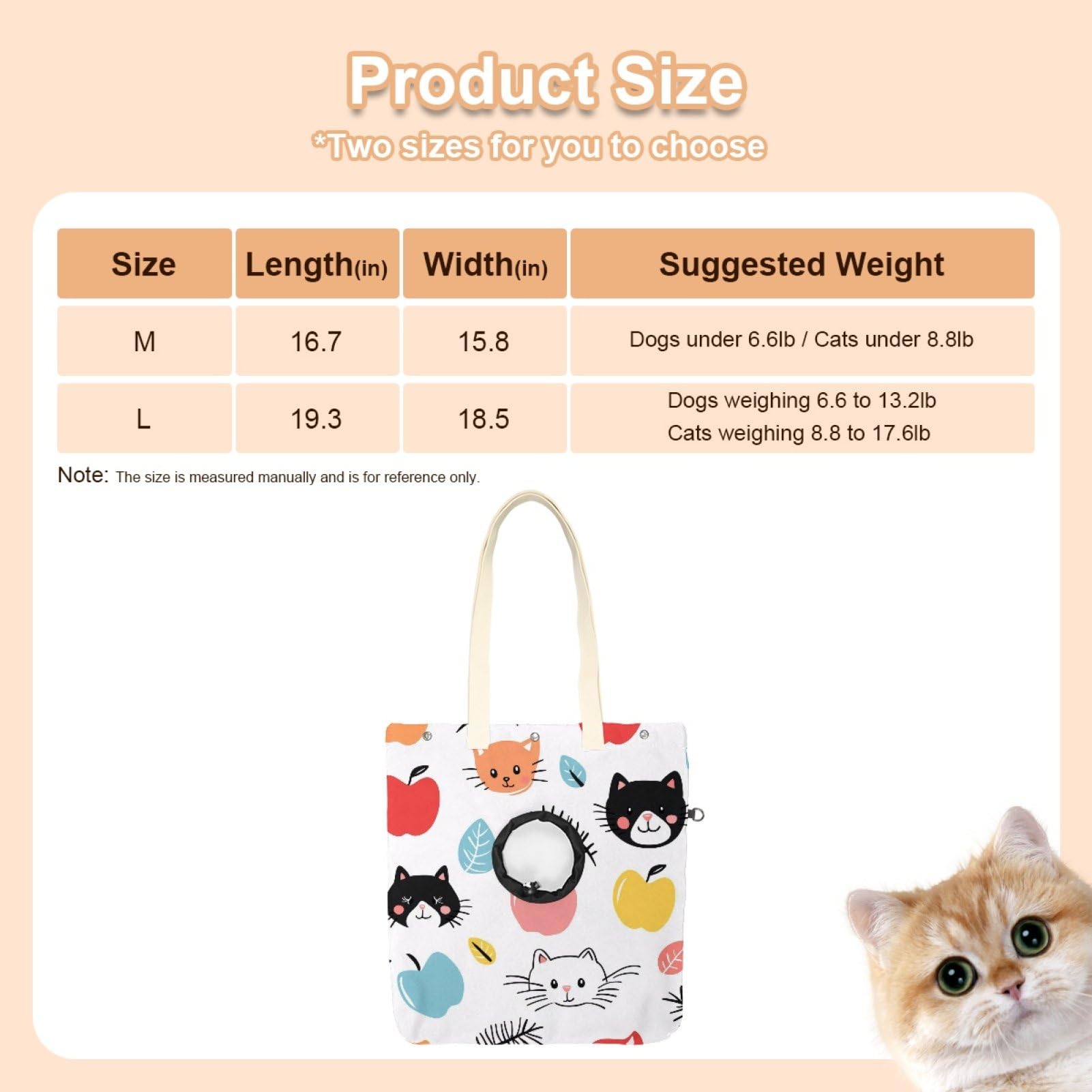 Pet Canvas Shoulder Bag Soft-Sided,Dog Purse Carrier for Small Dogs and Cats, Portable Pet Handbag with Adjustable Hole, Pet Washable Travel Tote Bag,Cartoon Cats Face Fruits 19.3''x16.5''