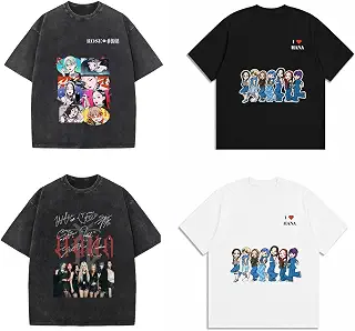 HANA 半袖Tシャツ 綿100％ デフォルメデザイン 水色系 ヴィンテージ調 丸首 カジュアル 男女兼用 推し活 応援グッズ 非公式 [並行輸入品]
