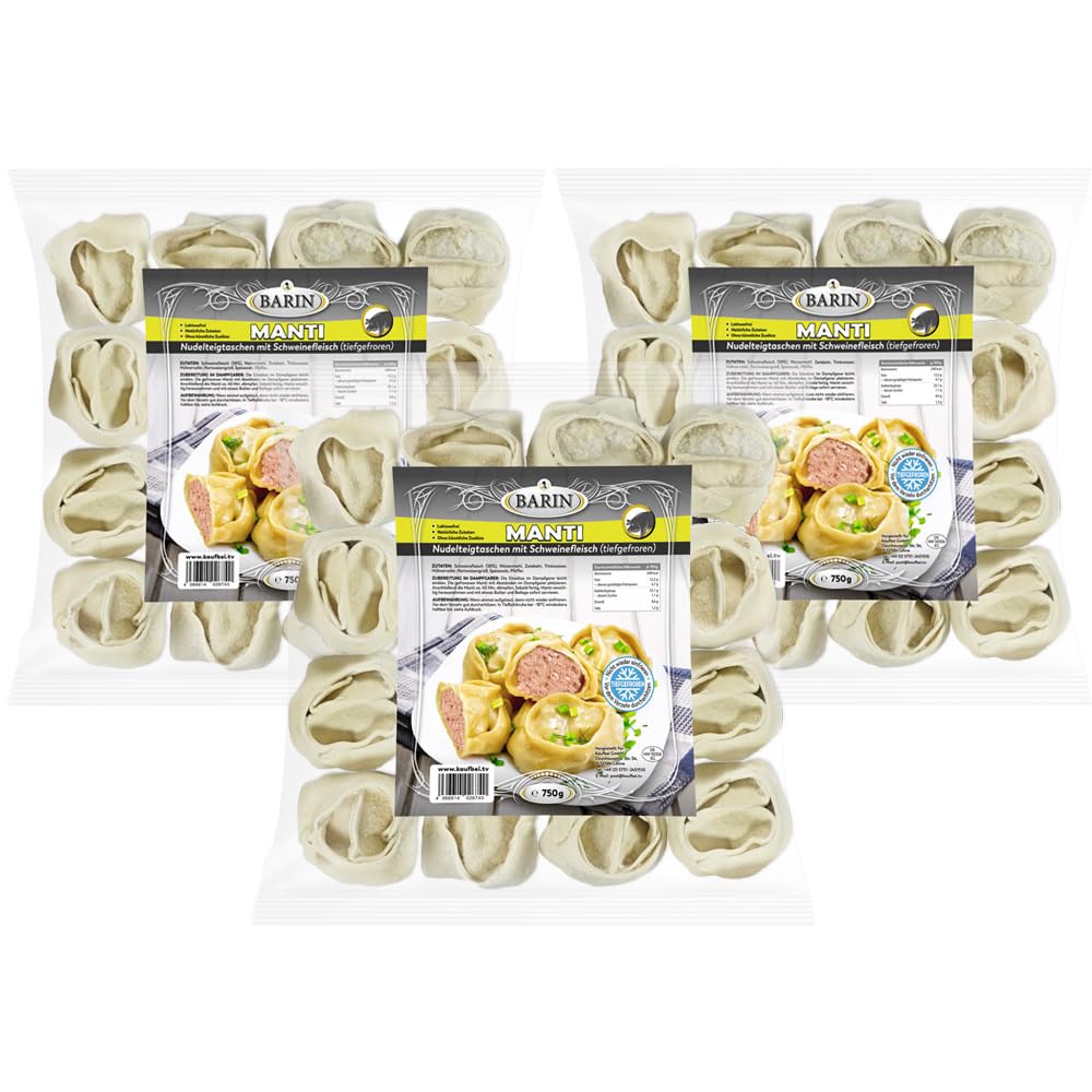 BARIN-Set: 3 x MANTI mit Schweinefleisch, Gesamt Netto 2,25 kg, Handgefertigte Teigtaschen mit Hackfleisch und Zwiebeln, Tiefgefrorenes Fertiggericht, Ideal für Großfamilien